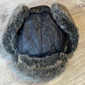 Wild Wear Black Faux Leather Faux Fur Trapper Aviator Hat One Size OSFM